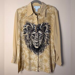 Diane Gilman 100% Silk Lion Embellished Button Up Blouse Size M
